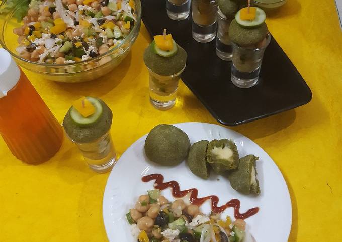 Spinach cheese balls with Mediterranean chickpea salad Recipe