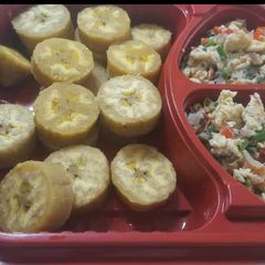 A picture of Boiled unripe plantain with egg sauce.