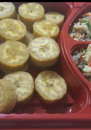 A picture of Boiled unripe plantain with egg sauce.