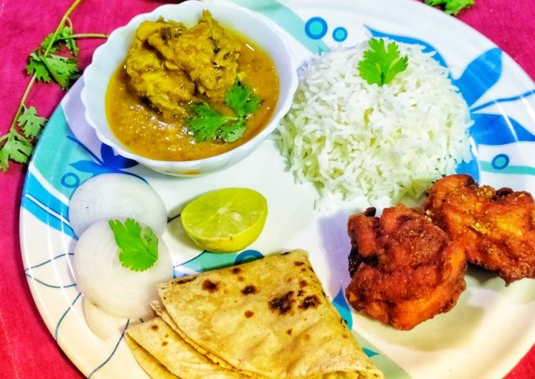 Recipe of Any-night-of-the-week Dal Gosht instant chicken 65 Thali