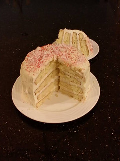 A picture of White Peppermint Layer Cake with a White Peppermint Cream.