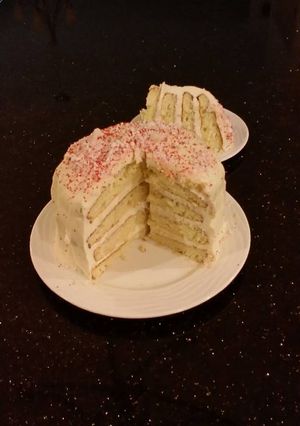 A picture of White Peppermint Layer Cake with a White Peppermint Cream.
