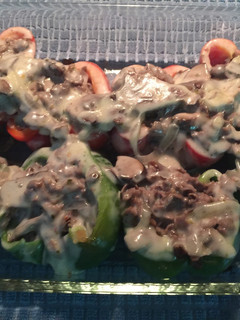 A picture of Philly Cheesesteak stuffed Peppers.