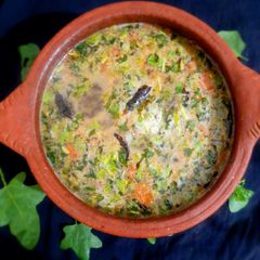 A picture of Purple fruited pea eggplant/ thuthuvalai rasam.
