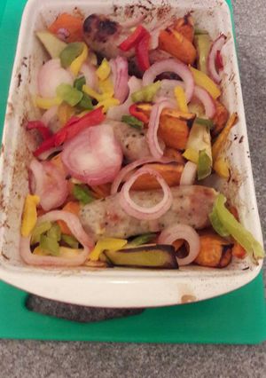 A picture of Sausage, sweet potato and maple traybake.