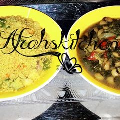 Fried vegetables cous-cous with beans and spinach soup A picture of Fried vegetables cous-cous with beans and spinach soup.