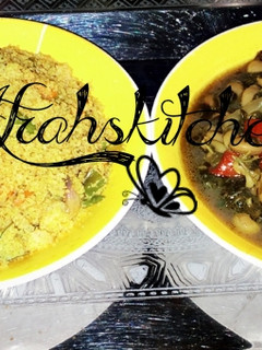 A picture of Fried vegetables cous-cous with beans and spinach soup.