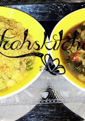 A picture of Fried vegetables cous-cous with beans and spinach soup.