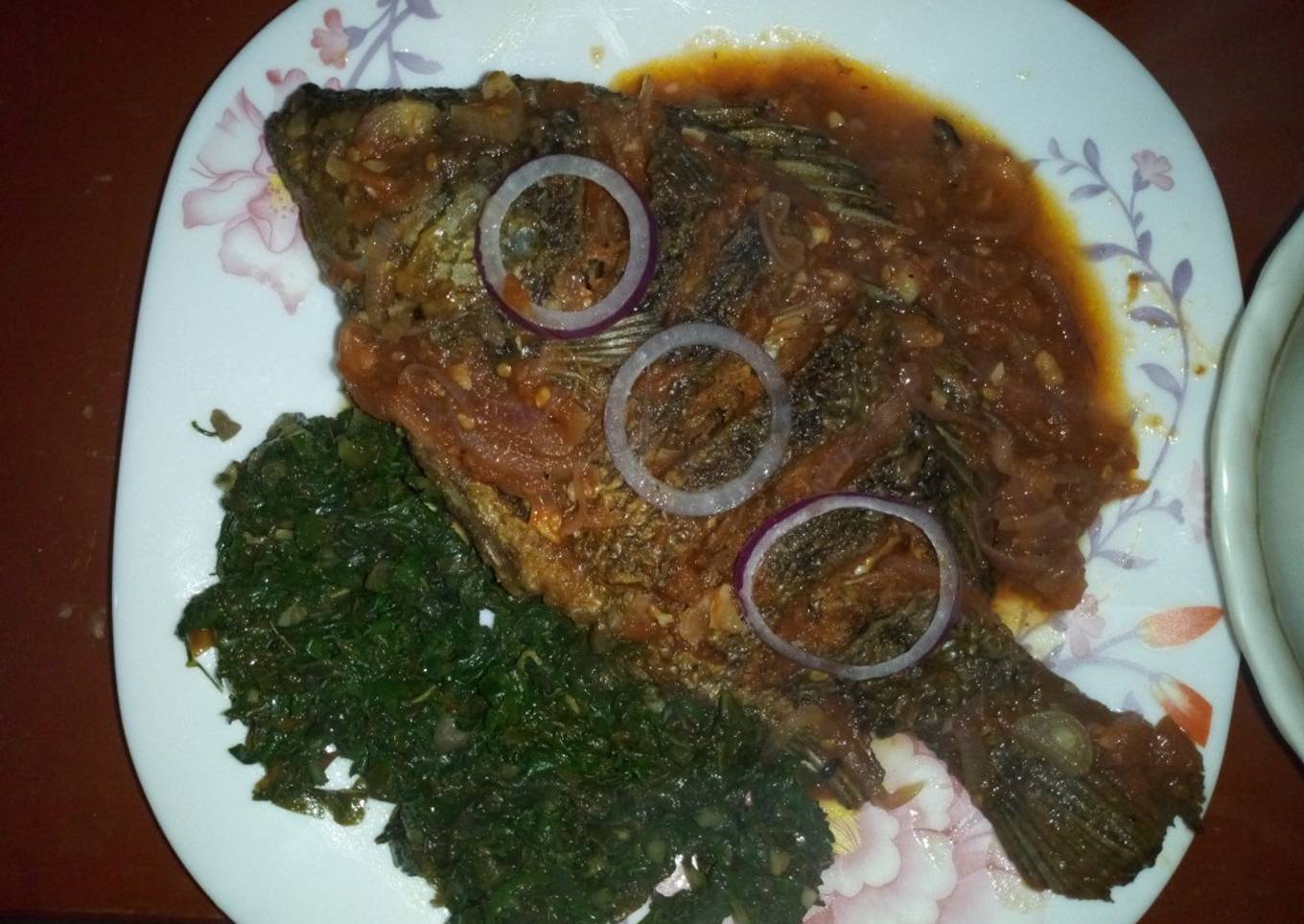 Fried fish,ugali with greens(kunde,managu,terere and spinach)