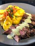 Seared Strip w/ Creamy Cilantro Lime Sauce & Scalloped Potatoes
