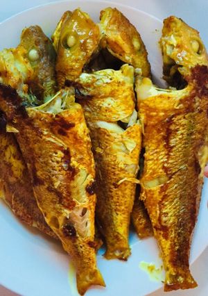 Hình của món Cá đòn chiên nghệ.