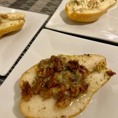 A picture of Baked Pears with Gorgonzola and Walnuts (or Goat Cheese and Pine Nuts).