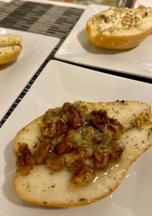 A picture of Baked Pears with Gorgonzola and Walnuts (or Goat Cheese and Pine Nuts).