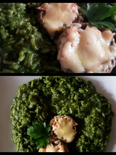 Una foto de Arroz verde con champiñones rellenos. #recetariocamino