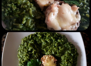 Una foto de Arroz verde con champiñones rellenos. #recetariocamino