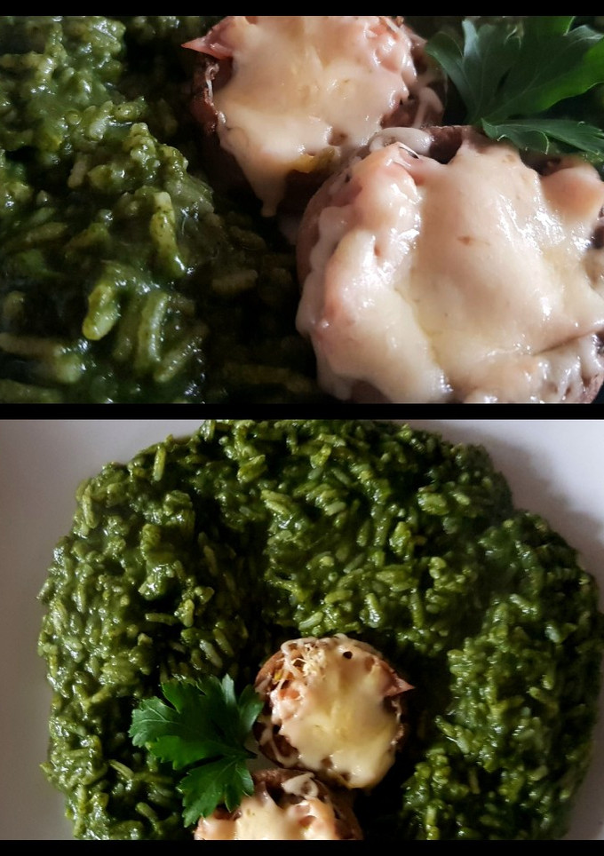 Una foto de Arroz verde con champiñones rellenos. #recetariocamino