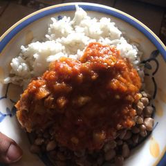 A picture of Chicken Stew with Rice & Beans.