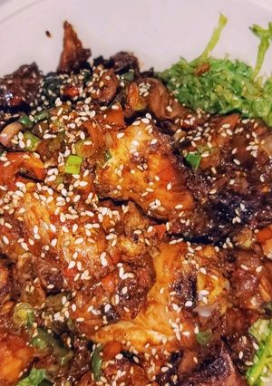 A picture of Grilled chicken with sweet and sour glaze.