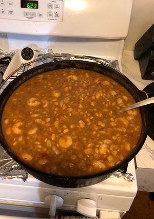 A picture of Cajun butter beans an shrimp.