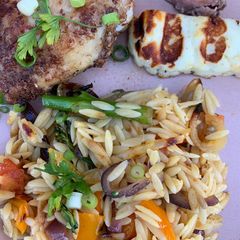 A picture of Roast veg orzo and Chinese chicken.