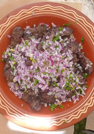 A picture of Moroccan Grilled Kefta with Fresh Onion & Parsley.