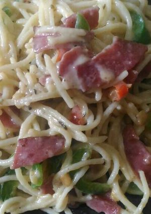 Foto resep Creamy Smoked Beef Spaghetti Aglio Olio