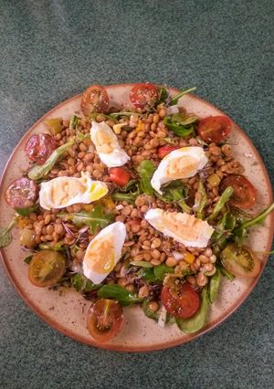 Una foto de Ensalada de lentejas con huevo duro y germinado de kale