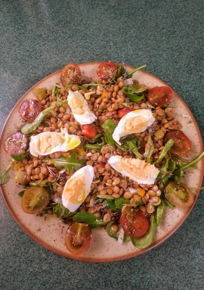 Una foto de Ensalada de lentejas con huevo duro y germinado de kale