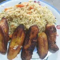 A picture of Indomine and fried plantain.