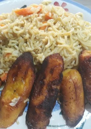 A picture of Indomine and fried plantain.