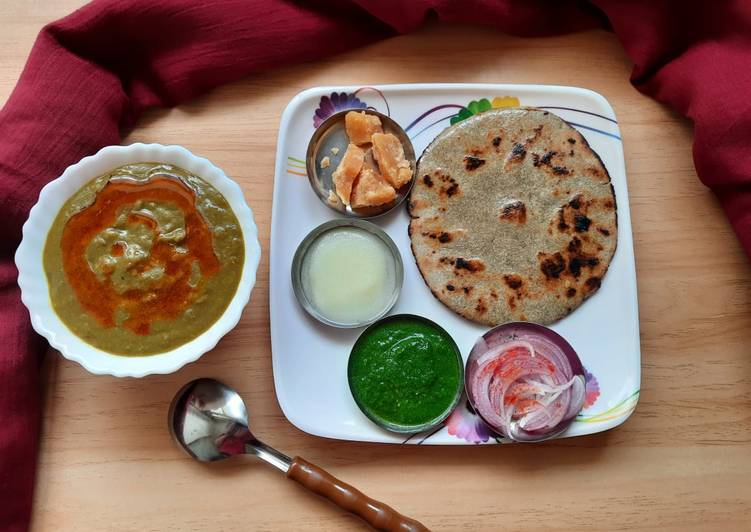 Bajra Roti with saag/Jaggery/chutney