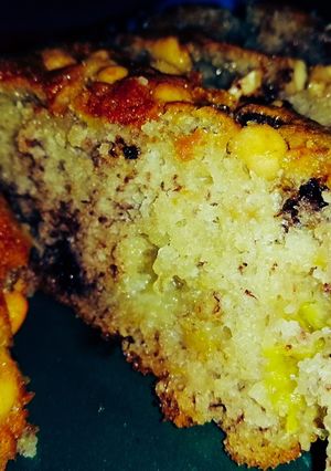 A picture of Banana Bread with Chocolate Chip Streusel with Cream Cheese Filling.