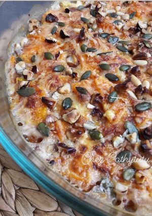 Une photo de Comme un gratin dauphinois à la sucrine du Berry et patate douce et son crumble "healthy"