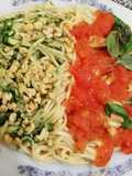 Spaghetti con salsa liviana y pesto