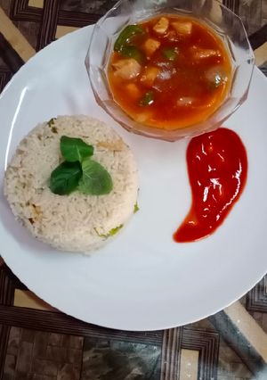 A picture of Shashlik with white rice.