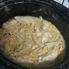 A picture of Crockpot chicken and noodles.