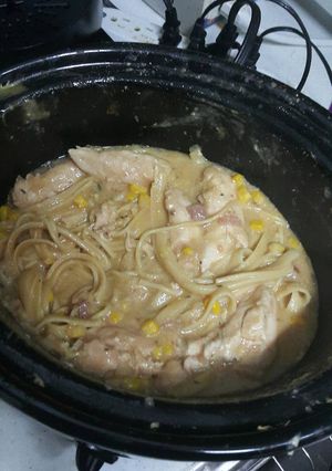 A picture of Crockpot chicken and noodles.