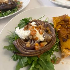 A picture of Roasted Onion and Arugula Salad with Walnut Salsa.
