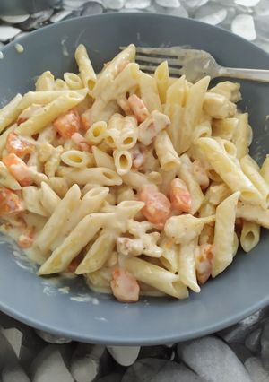 Una foto de Macarrones con nata y pollo hechos con robot Moulinex 12en1