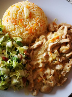 Una foto de Strogonoff de cerdo con arroz y ensalada