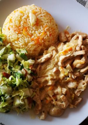 Una foto de Strogonoff de cerdo con arroz y ensalada