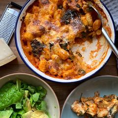 A picture of Rustic one pot tomato & spinach gnocchi with burrata.