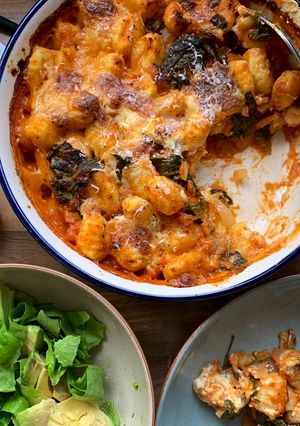 A picture of Rustic one pot tomato & spinach gnocchi with burrata.
