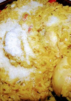 A picture of Grandma's Yellow Rice with Chicken.
