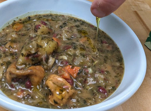 A picture of Persian-inspired herby soup (ghorme sabzi).