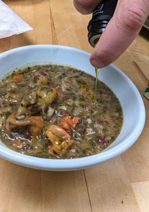 A picture of Persian-inspired herby soup (ghorme sabzi).
