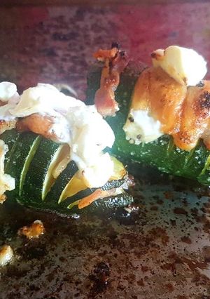 A picture of Keto, low carb bacon and cheese stuffed courgette/zucchini.