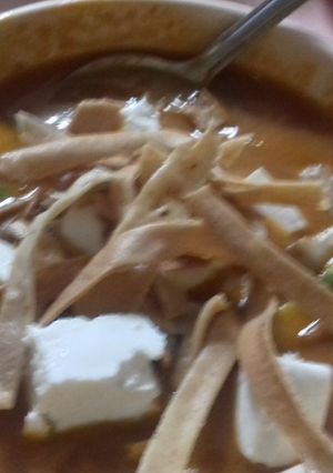 A picture of Tortilla Soup with Shrimp Powder and Dried Shrimp for Lent by Doña Chole.