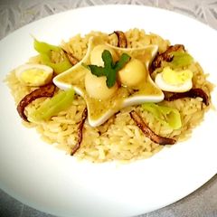 A picture of Eggs korma and rice pilau.
