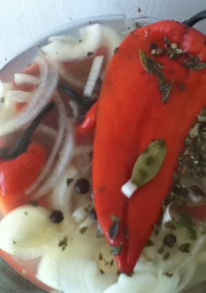 Una foto de Chile poblano rojo en escabeche rellenos de frijol y plátano, con salsa de huauzontle